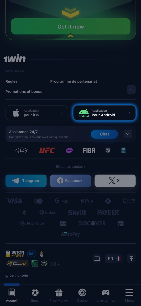 Trouvez la section avec l'application 1Win pour Android.