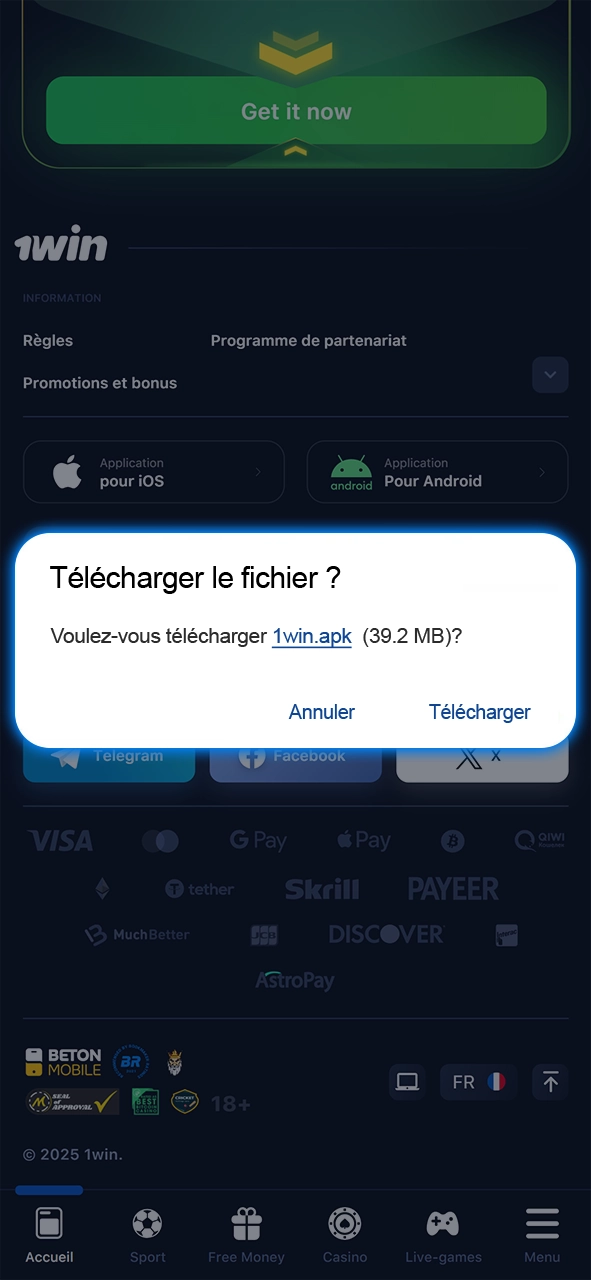 Confirmez le téléchargement du fichier de l'application 1Win.