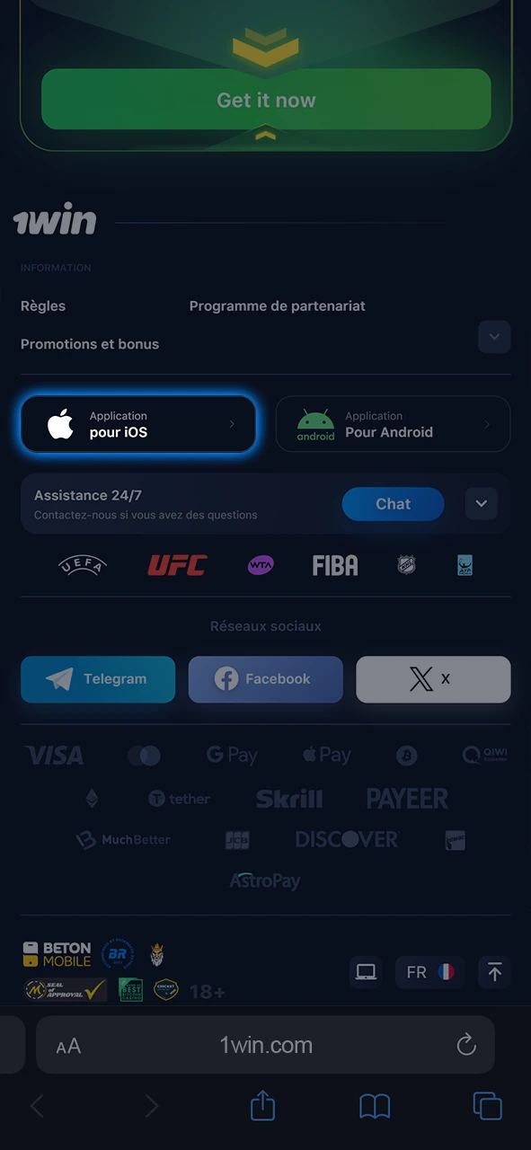 Trouvez le bouton de l'application iOS de 1Win.