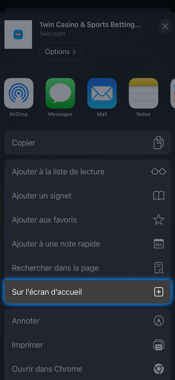 Sélectionnez l'option permettant d'ajouter l'application 1Win à l'écran d'accueil.