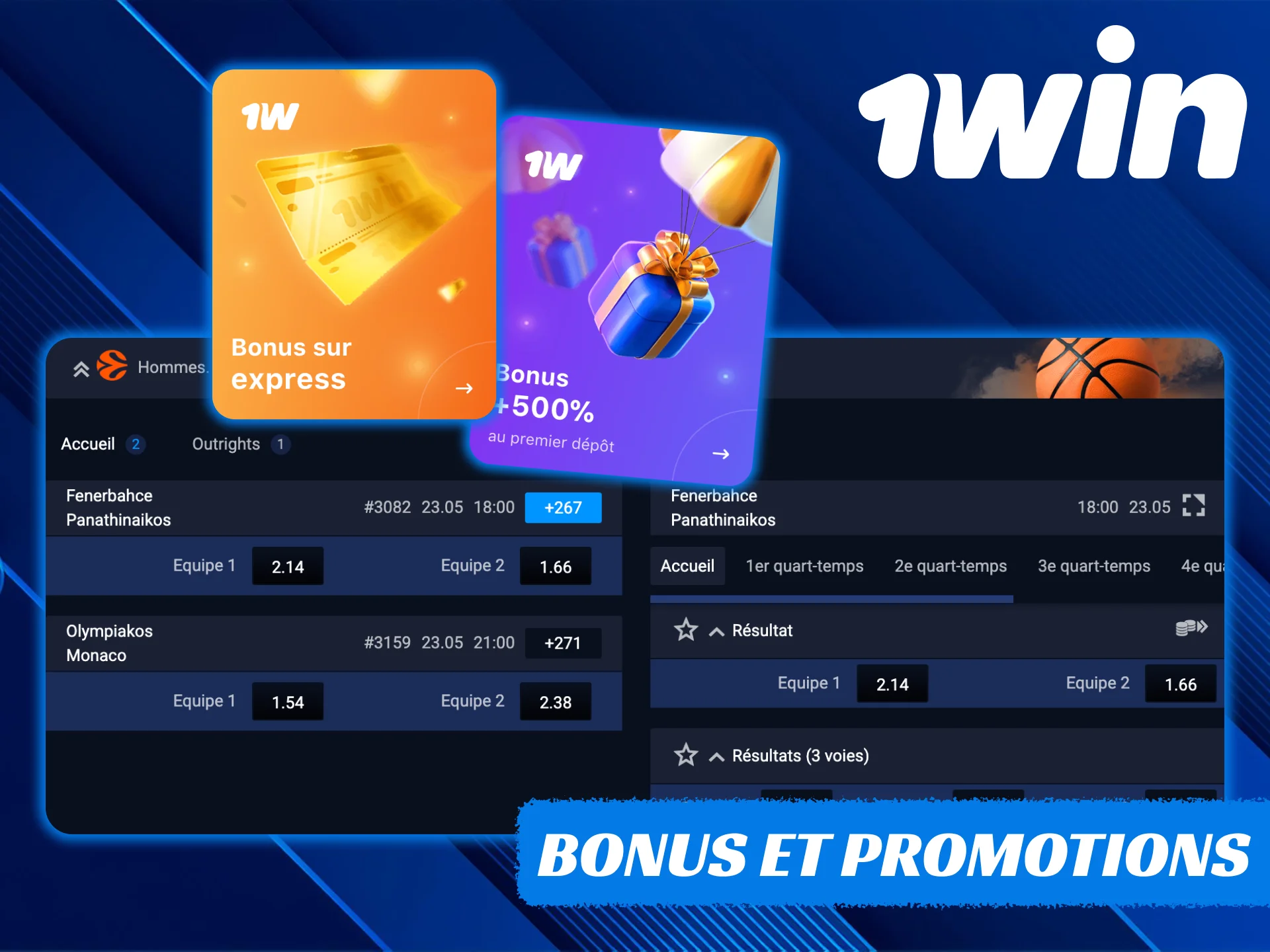 Obtenez plusieurs bonus 1Win pour les paris sur le basket-ball.