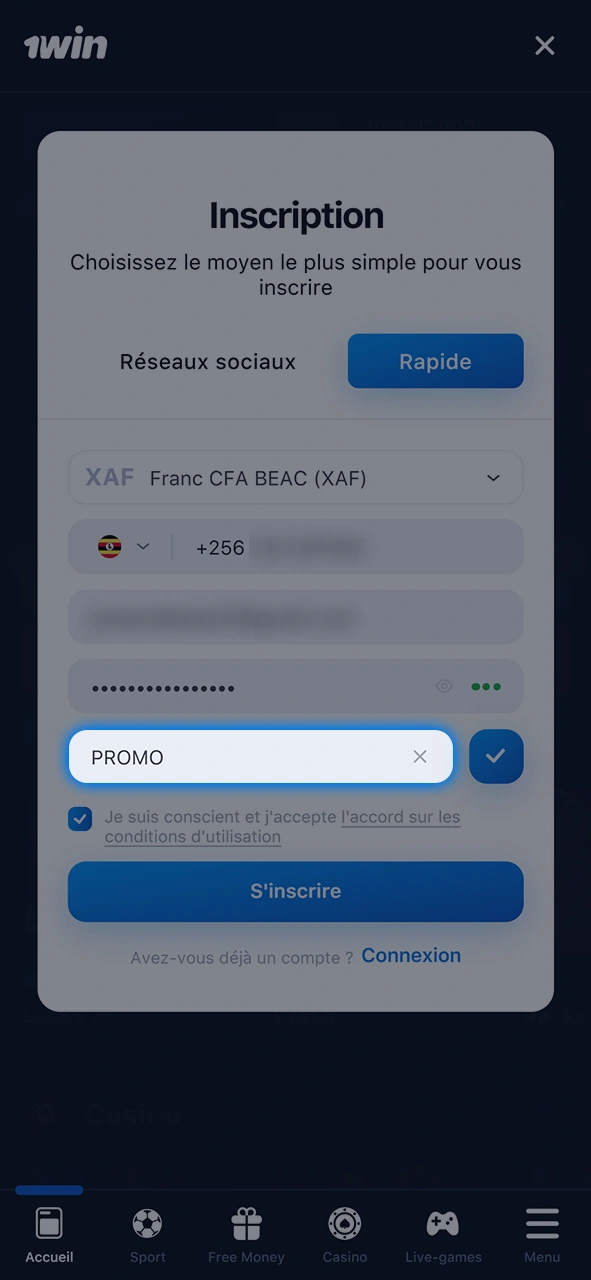 Entrez le code promo 1Win dans le champ spécial.