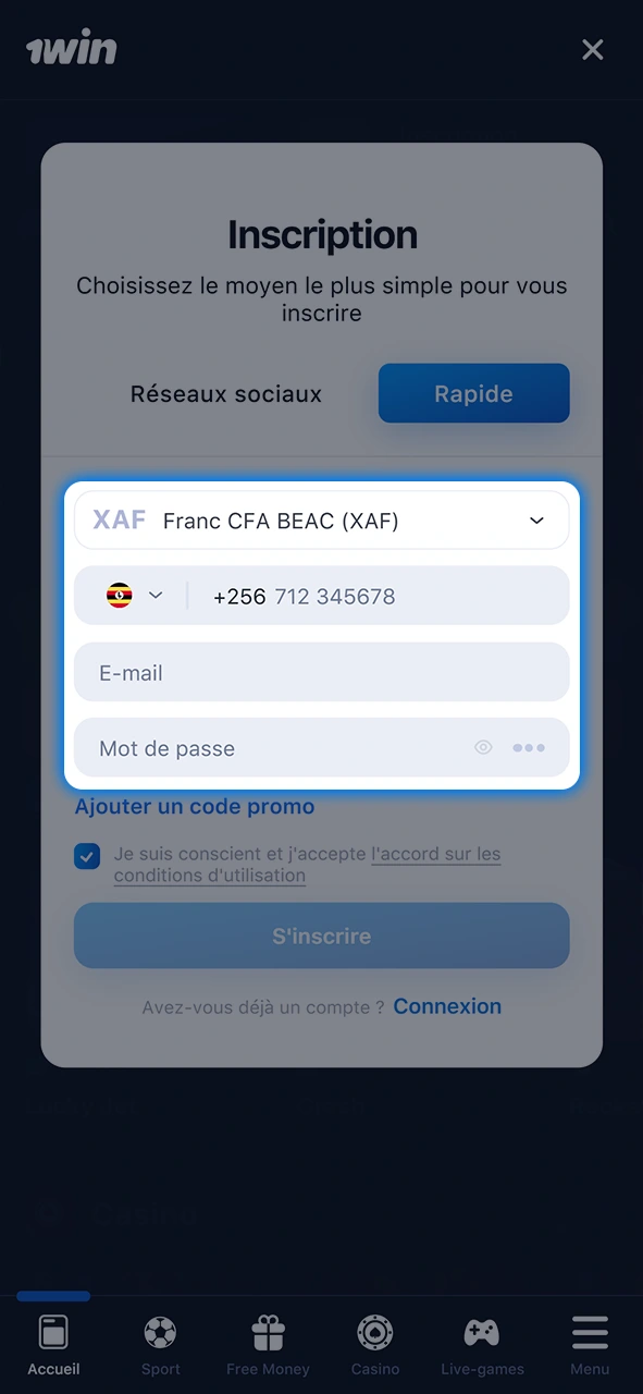 Remplir le formulaire 1Win avec les données demandées.