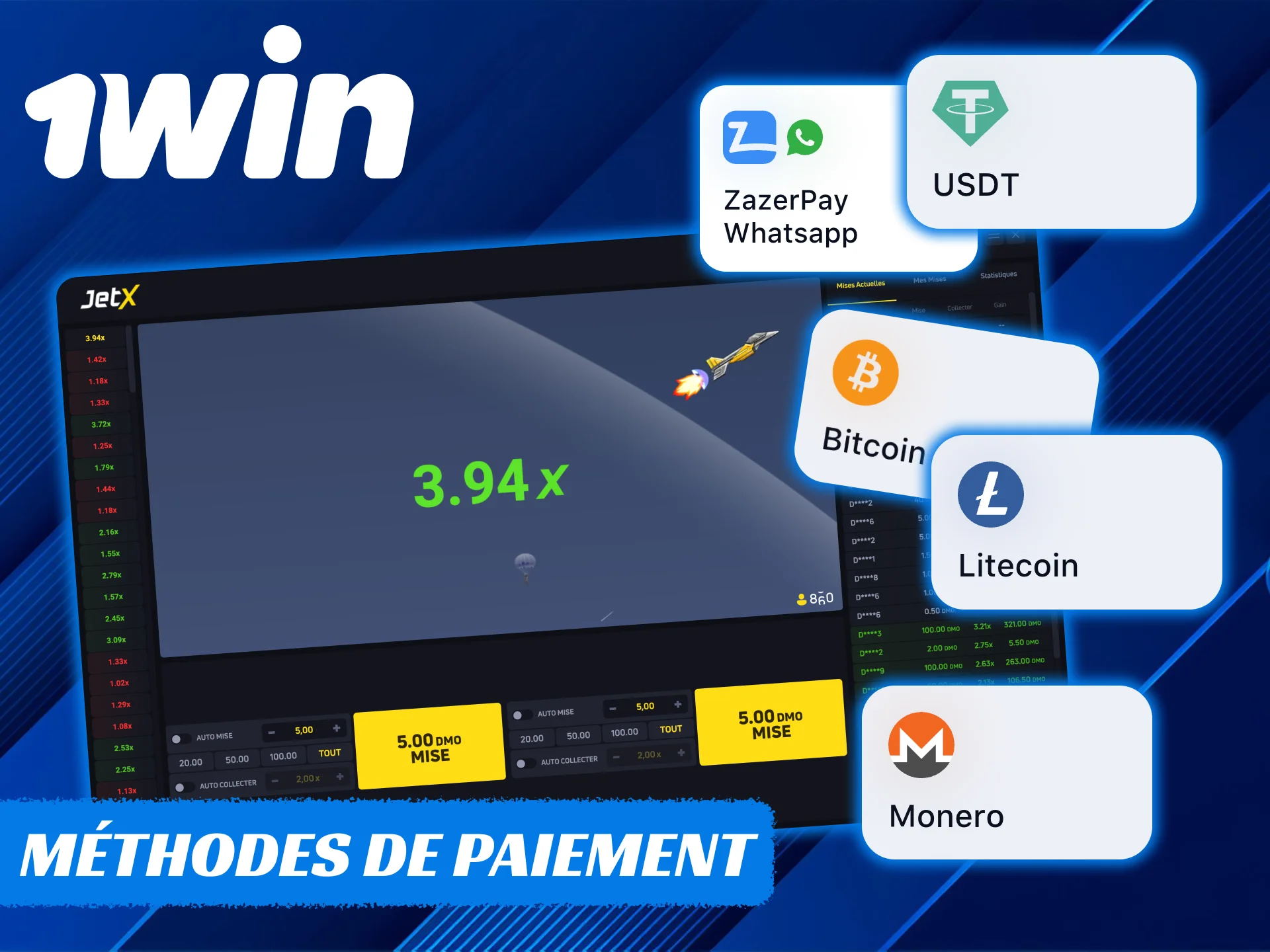 Déposez de l'argent pour jouer à 1Win JetX en utilisant plusieurs méthodes.