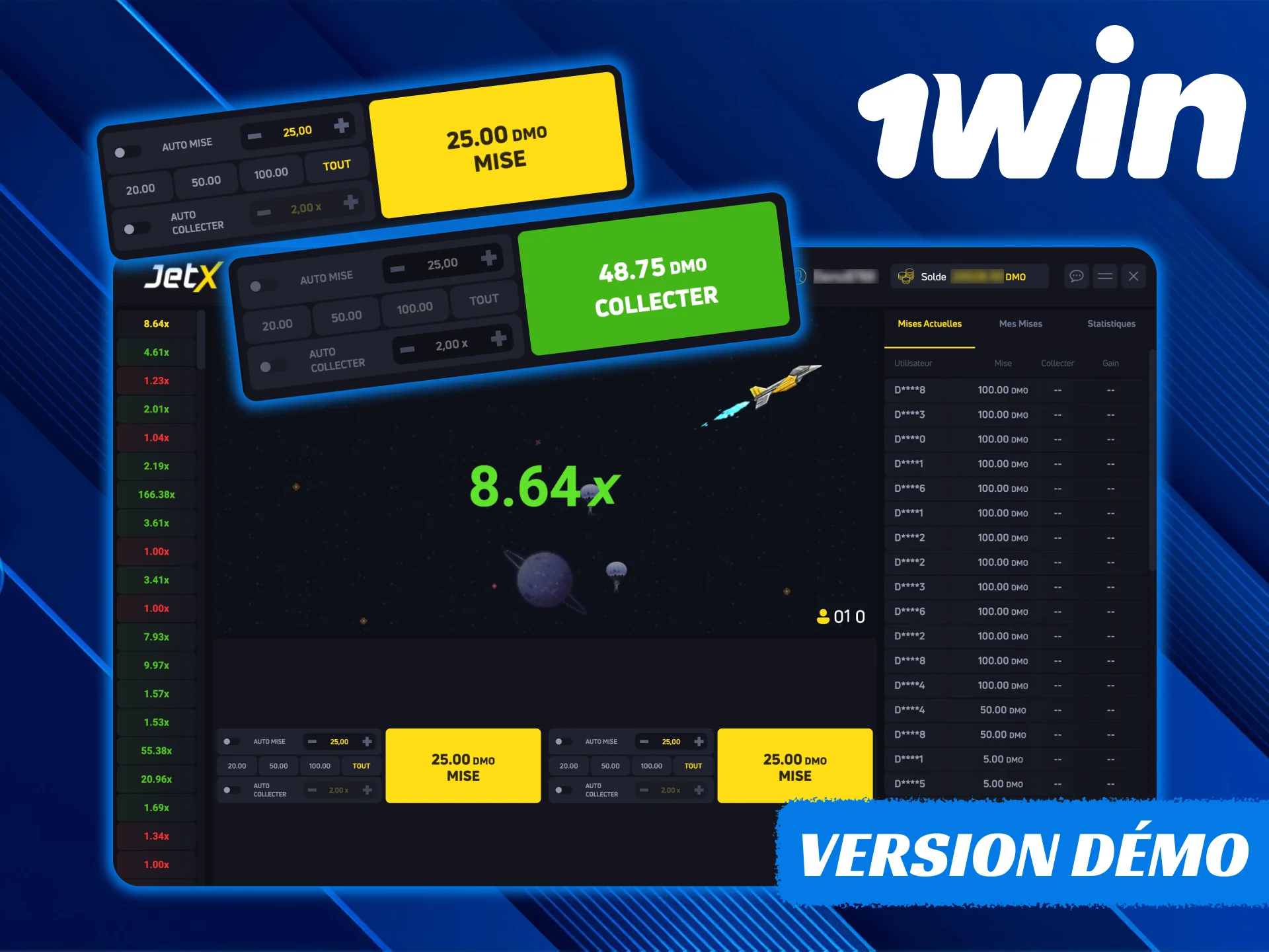1Win propose une version de démonstration gratuite du jeu JetX.