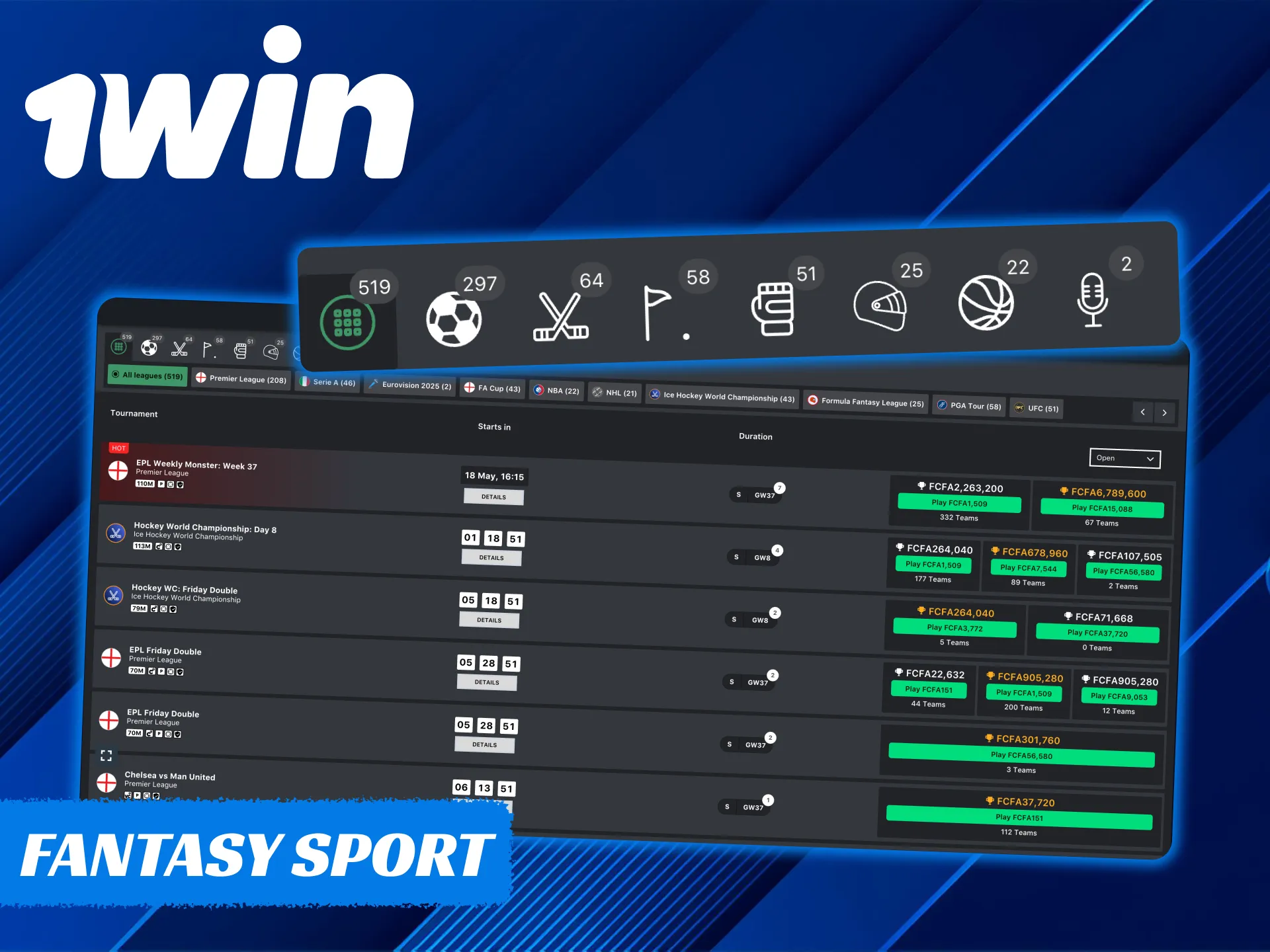 1Win vous propose la section Fantasy Sport pour parier.